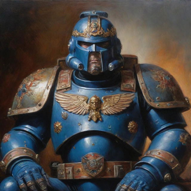 Classic oil painting of an aged ultra space marine commander, helmet in lap, chest decorated with prestigious medals, the stern face reflecting the tolls of epic battles.