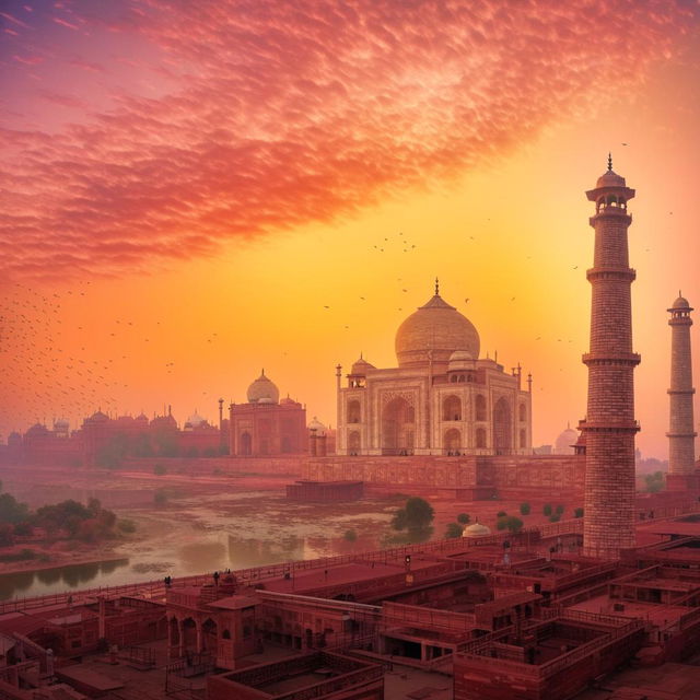 High-detail illustration of the Agra city skyline featuring the Taj Mahal during a vibrant sunset.