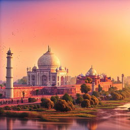 High-detail illustration of the Agra city skyline featuring the Taj Mahal during a vibrant sunset.