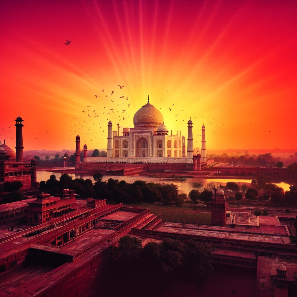 High-detail illustration of the Agra city skyline featuring the Taj Mahal during a vibrant sunset.