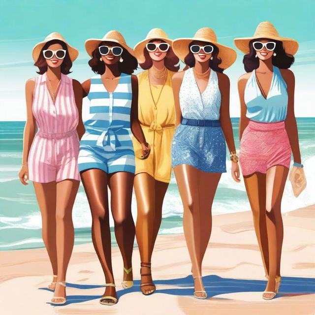 A high-quality digital art image featuring a group of confident, stylish women enjoying a day at the beach