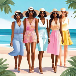 A high-quality digital art image featuring a group of confident, stylish women enjoying a day at the beach