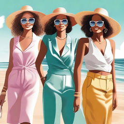 A high-quality digital art image featuring a group of confident, stylish women enjoying a day at the beach