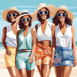 A high-quality digital art image featuring a group of confident, stylish women enjoying a day at the beach