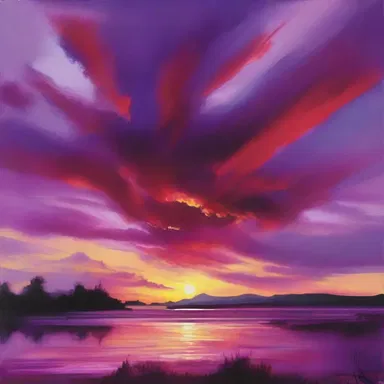 The artist used red-violet hues to paint a breathtaking sunset scene, capturing the beauty of the sky at dusk.