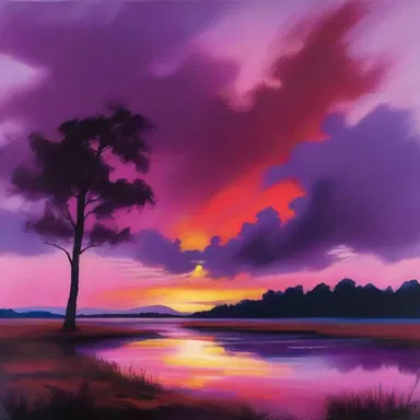 The artist used red-violet hues to paint a breathtaking sunset scene, capturing the beauty of the sky at dusk.