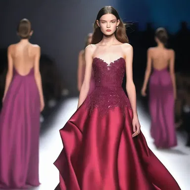 At the fashion show, the model walked down the runway wearing an elegant red-violet gown that turned heads.
