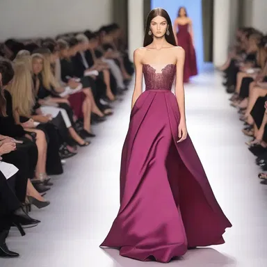 At the fashion show, the model walked down the runway wearing an elegant red-violet gown that turned heads.