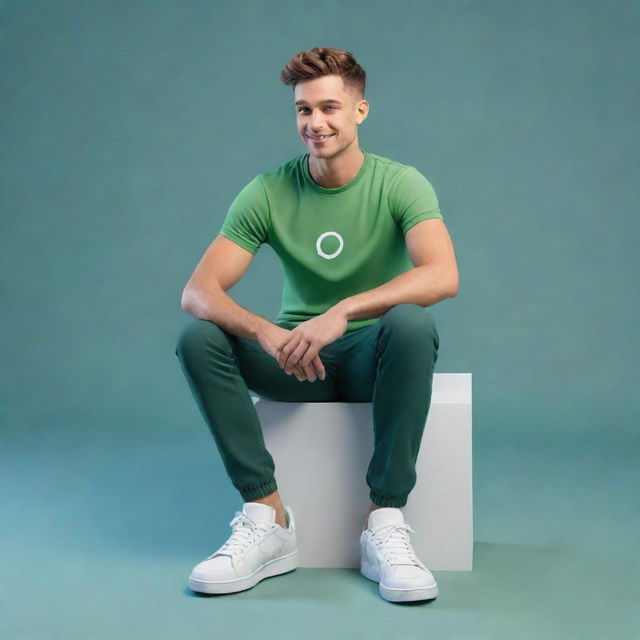 3D illustration of an attractive, youthful male character sitting nonchalantly atop the Whatsapp social media icon. He's wearing contemporary attire, including pants, a t-shirt, and sneakers.