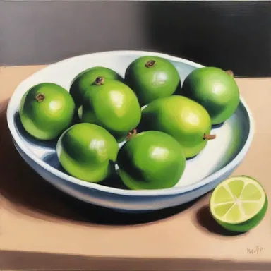 The artist painted a still life of a bowl filled with rangpur limes.