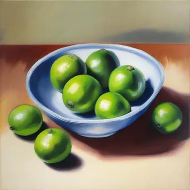 The artist painted a still life of a bowl filled with rangpur limes.
