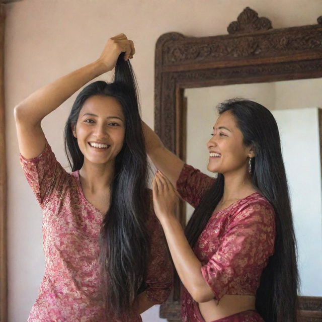 A Nepalese woman intricately combing her long hair in front of a mirror. In a separate scenario, the same lady is joyfully holding hands with her partner, both running with filled with romance.