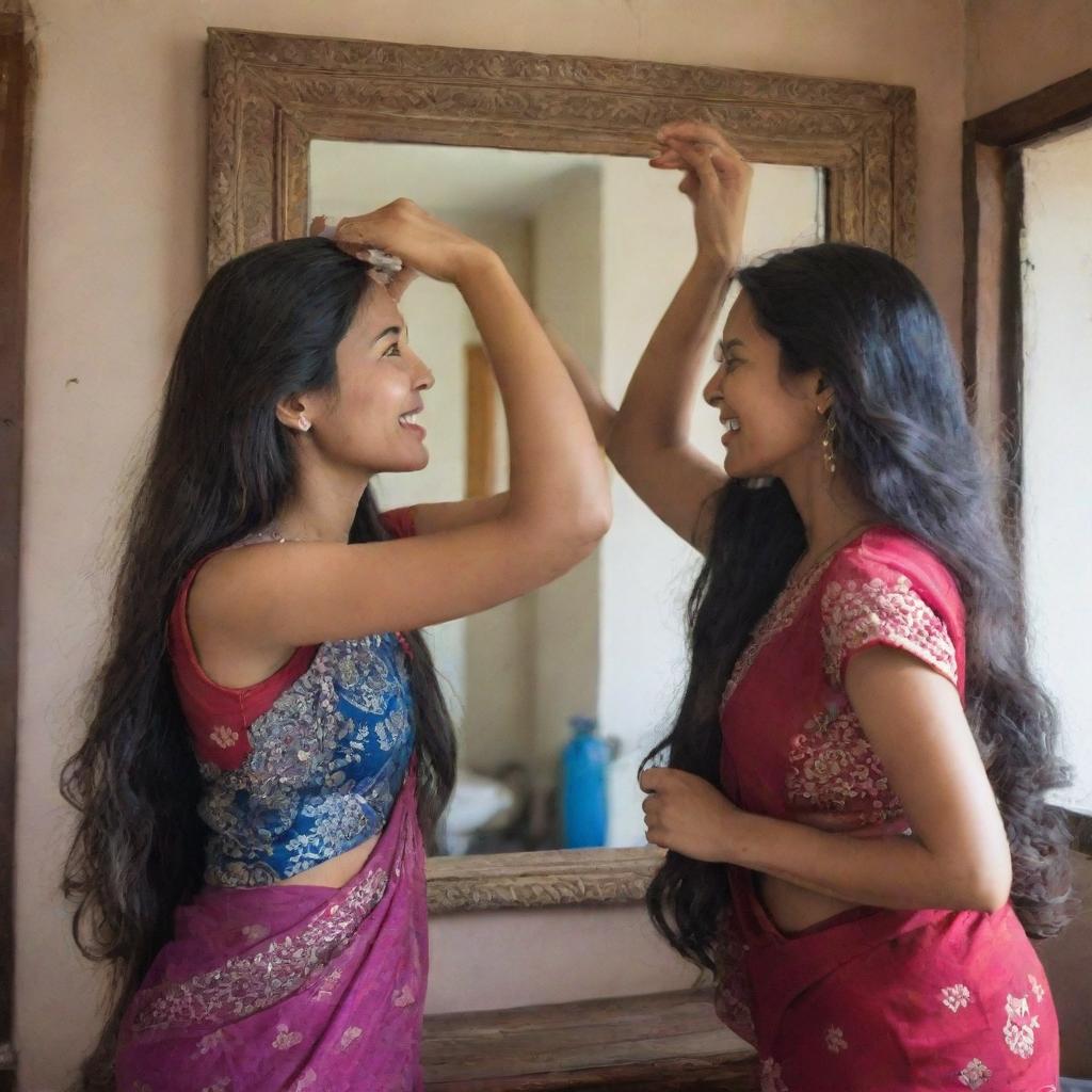 A Nepalese woman intricately combing her long hair in front of a mirror. In a separate scenario, the same lady is joyfully holding hands with a man, both running filled with romance.