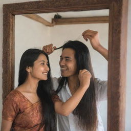 A Nepalese woman intricately combing her long hair in front of a mirror. In a separate scenario, the same lady is joyfully holding hands with a man, both running filled with romance.