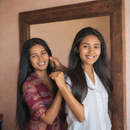 A Nepalese woman intricately combing her long hair in front of a mirror. In a separate scenario, the same lady is joyfully holding hands with a man, both running filled with romance.