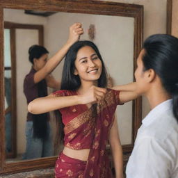 A Nepalese woman intricately combing her long hair in front of a mirror. In a separate scenario, the same lady is joyfully holding hands with a man, both running filled with romance.