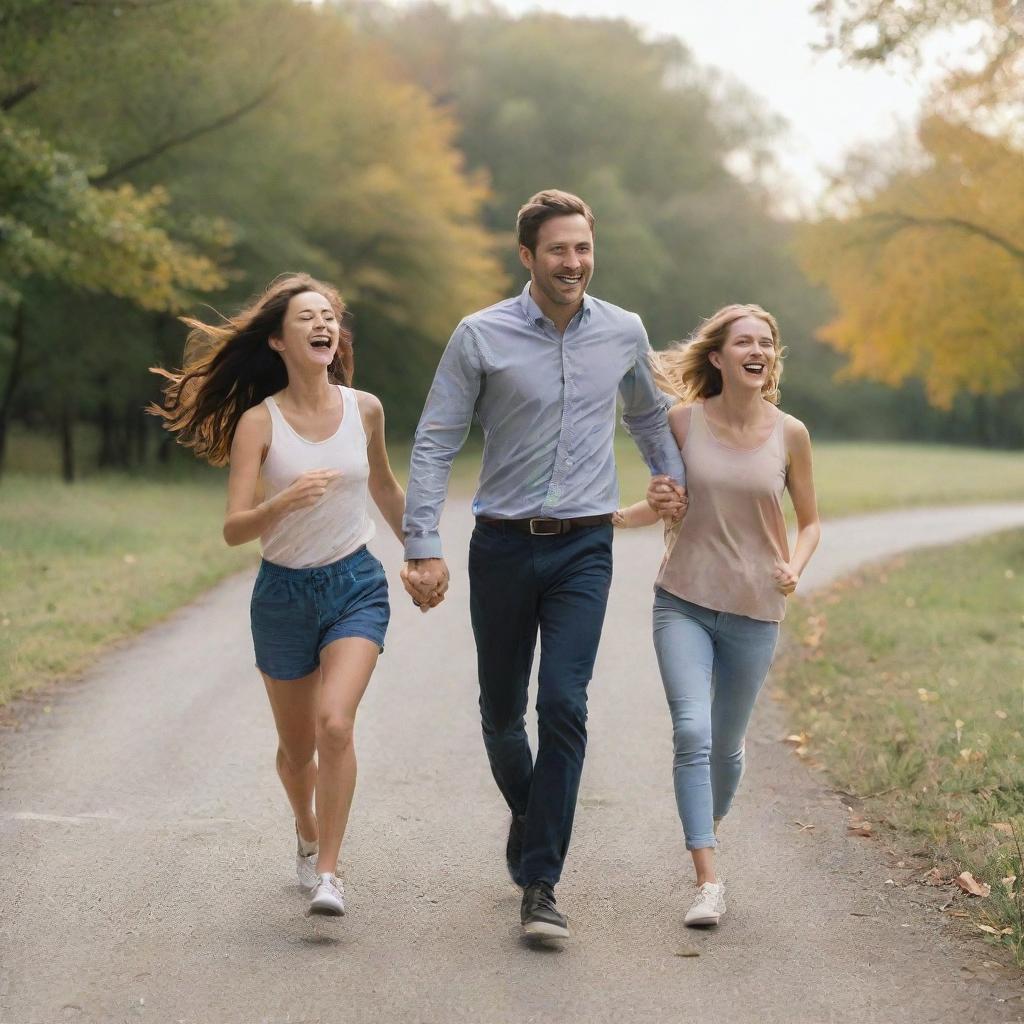 A man and a woman, happily holding hands and running romantically together with a sense of joyful abandon.