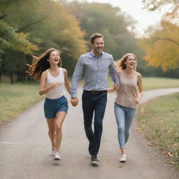 A man and a woman, happily holding hands and running romantically together with a sense of joyful abandon.