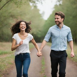 A man and a woman, happily holding hands and running romantically together with a sense of joyful abandon.