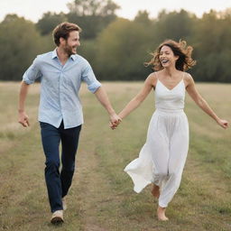 A man and a woman, happily holding hands and running romantically together with a sense of joyful abandon.