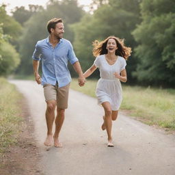 A man and a woman, happily holding hands and running romantically together with a sense of joyful abandon.