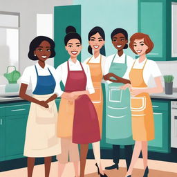 A high-quality digital art image depicting a group of stylish women wearing aprons