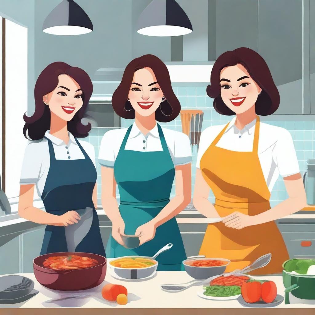 A high-quality digital art image depicting a group of stylish women wearing aprons