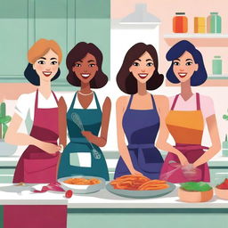 A high-quality digital art image depicting a group of stylish women wearing aprons