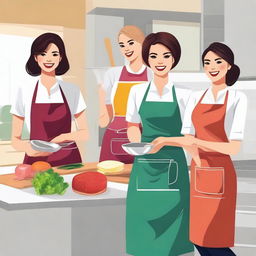 A high-quality digital art image depicting a group of stylish women wearing aprons