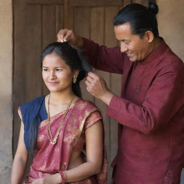 A typical Nepalese woman combing her hair in front of her husband, both dressed in traditional Nepalese attire.