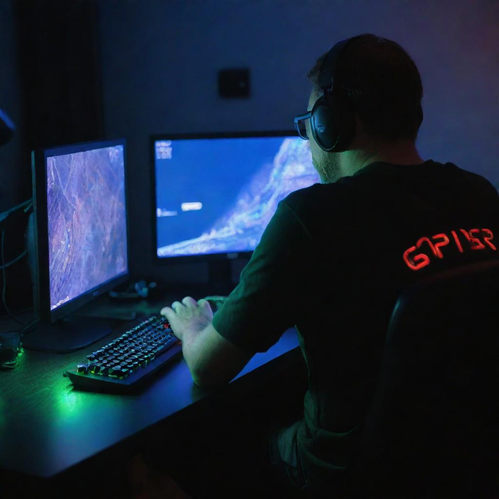 Opa, a gamer, viewed from the back, deeply engrossed in playing a computer game on a high-tech, RGB-lit gaming setup