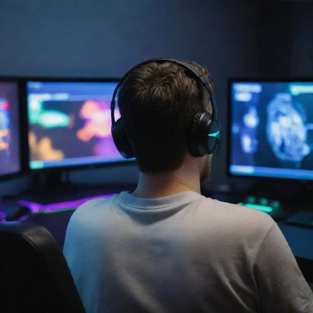 Opa, a gamer, viewed from the back, deeply engrossed in playing a computer game on a high-tech, RGB-lit gaming setup