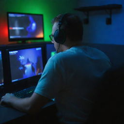 Opa, a gamer, viewed from the back, deeply engrossed in playing a computer game on a high-tech, RGB-lit gaming setup