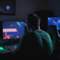 Opa, a gamer, viewed from the back, deeply engrossed in playing a computer game on a high-tech, RGB-lit gaming setup