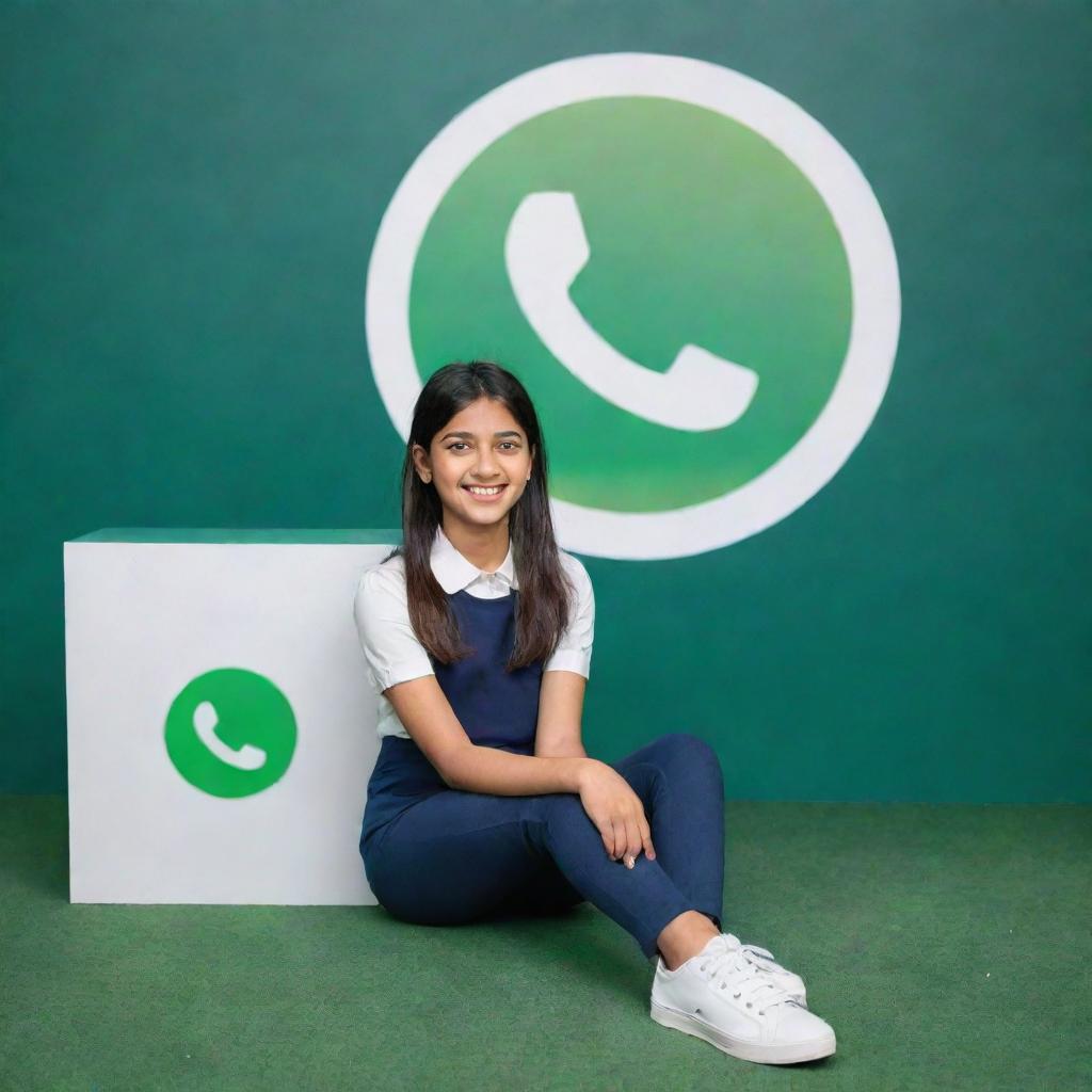 A young girl sitting beside a large 3D model of the WhatsApp logo. She holds a nameplate with the name 'Nishu Pandey' written in elegant lettering.