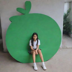 A young girl sitting beside a large 3D model of the WhatsApp logo. She holds a nameplate with the name 'Nishu Pandey' written in elegant lettering.