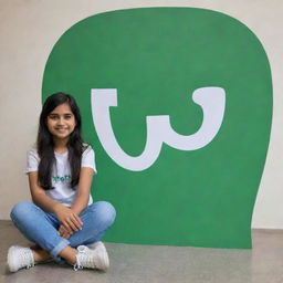 A young girl sitting beside a large 3D model of the WhatsApp logo. She holds a nameplate with the name 'Nishu Pandey' written in elegant lettering.