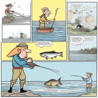 In the comic strip, the fisherman uses a fizgig to catch a giant fish.