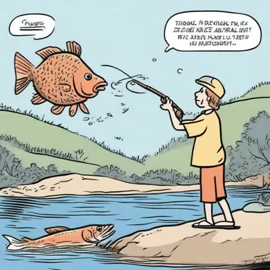 In the comic strip, the fisherman uses a fizgig to catch a giant fish.