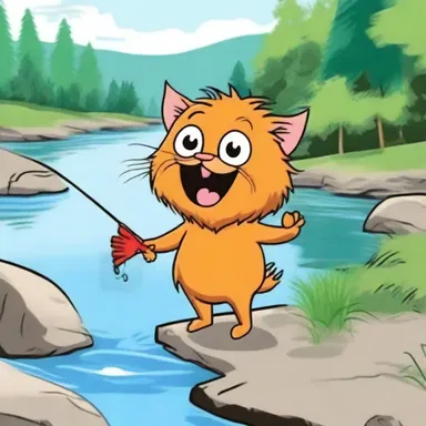 In the cartoon, the character uses a fizgig to catch fish by the river.