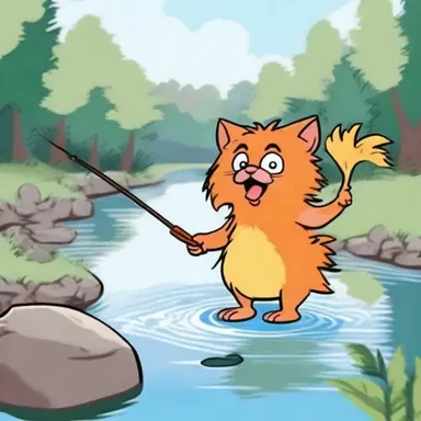 In the cartoon, the character uses a fizgig to catch fish by the river.