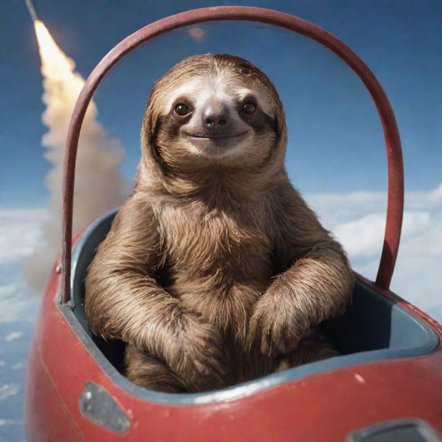 A sloth comfortably seated in the cockpit of a rocket soaring through the sky.