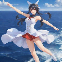 Detailed illustration of Taihou, a character from Azur Lane, depicted according to her original design in a vibrant action pose, on a sea backdrop.