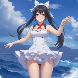 Detailed illustration of Taihou, a character from Azur Lane, depicted according to her original design in a vibrant action pose, on a sea backdrop.