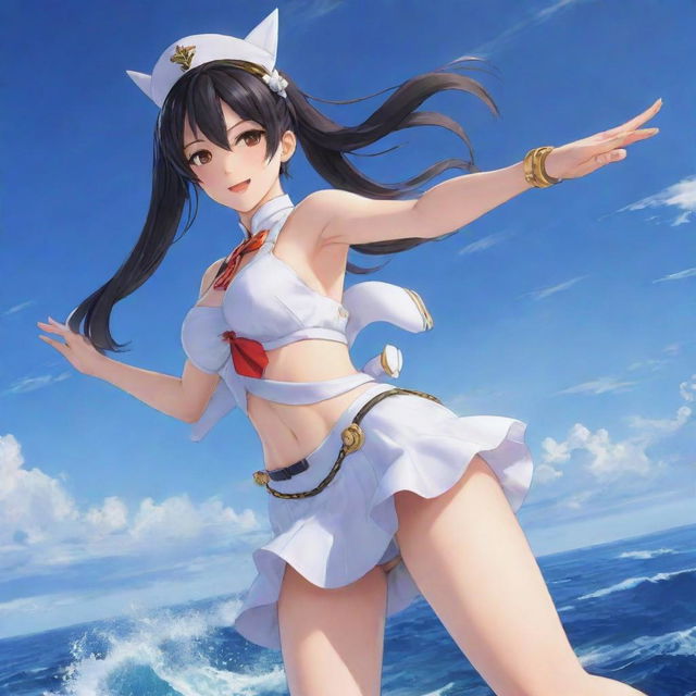 Detailed illustration of Taihou, a character from Azur Lane, depicted according to her original design in a vibrant action pose, on a sea backdrop.