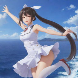 Detailed illustration of Taihou, a character from Azur Lane, depicted according to her original design in a vibrant action pose, on a sea backdrop.