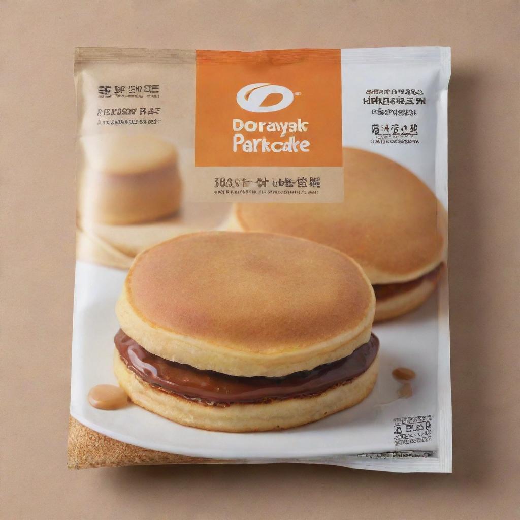 A packaging cover for a Dorayaki pancake with appealing design. Include 'Dorayaki Pancake' as the product name and a section showcasing the nutritional value.