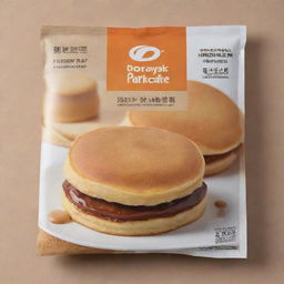 A packaging cover for a Dorayaki pancake with appealing design. Include 'Dorayaki Pancake' as the product name and a section showcasing the nutritional value.