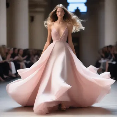 The model twirled down the runway in a stunning dress, causing the fabric to spirit around her in a mesmerizing display of movement.