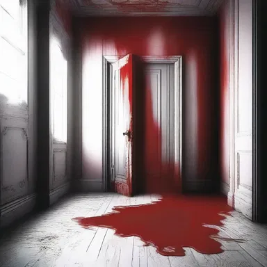 As the door creaked open, a thick red liquid began to spirit out from the dark room, filling the main character with fear and dread.
